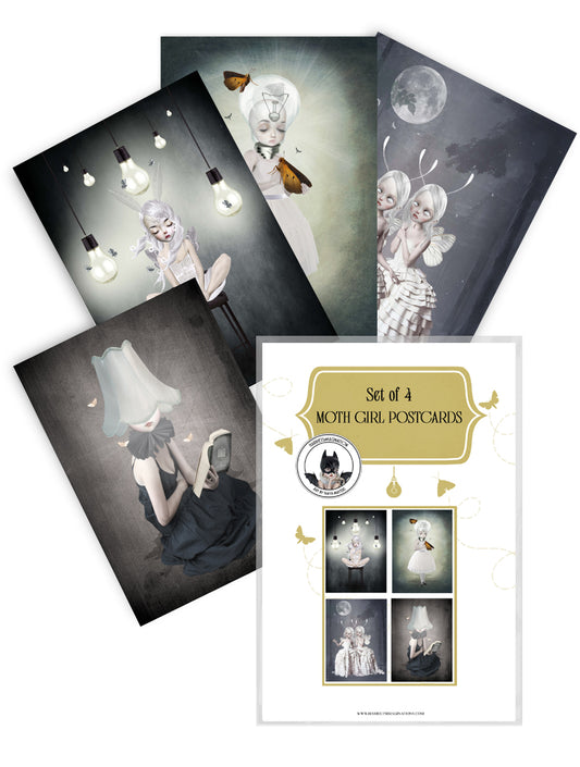 4 Moth girl and moths Postcards with Protective Cover Sleeve.