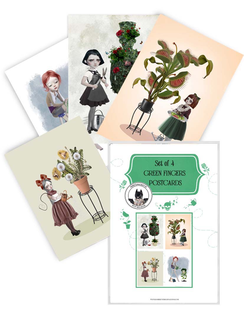 Set of 4 quirky plant art postcards with protective cover sleeve