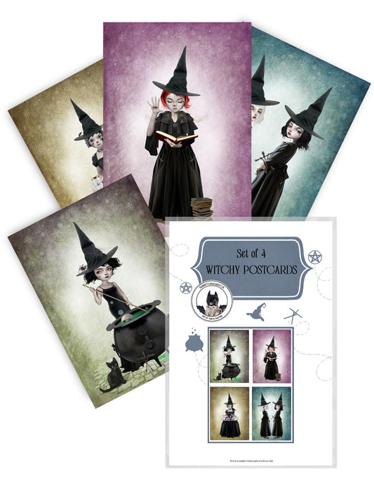 4 witchy Postcards with Protective Cover Sleeve.