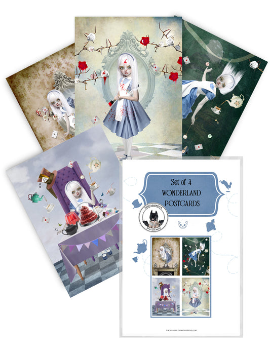 4 Alice In Wonderland Postcards with Protective Cover Sleeve.