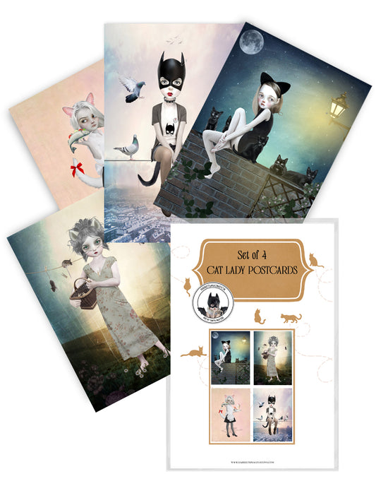 Set of 4 cat girl surreal art postcards with protective cover sleeve