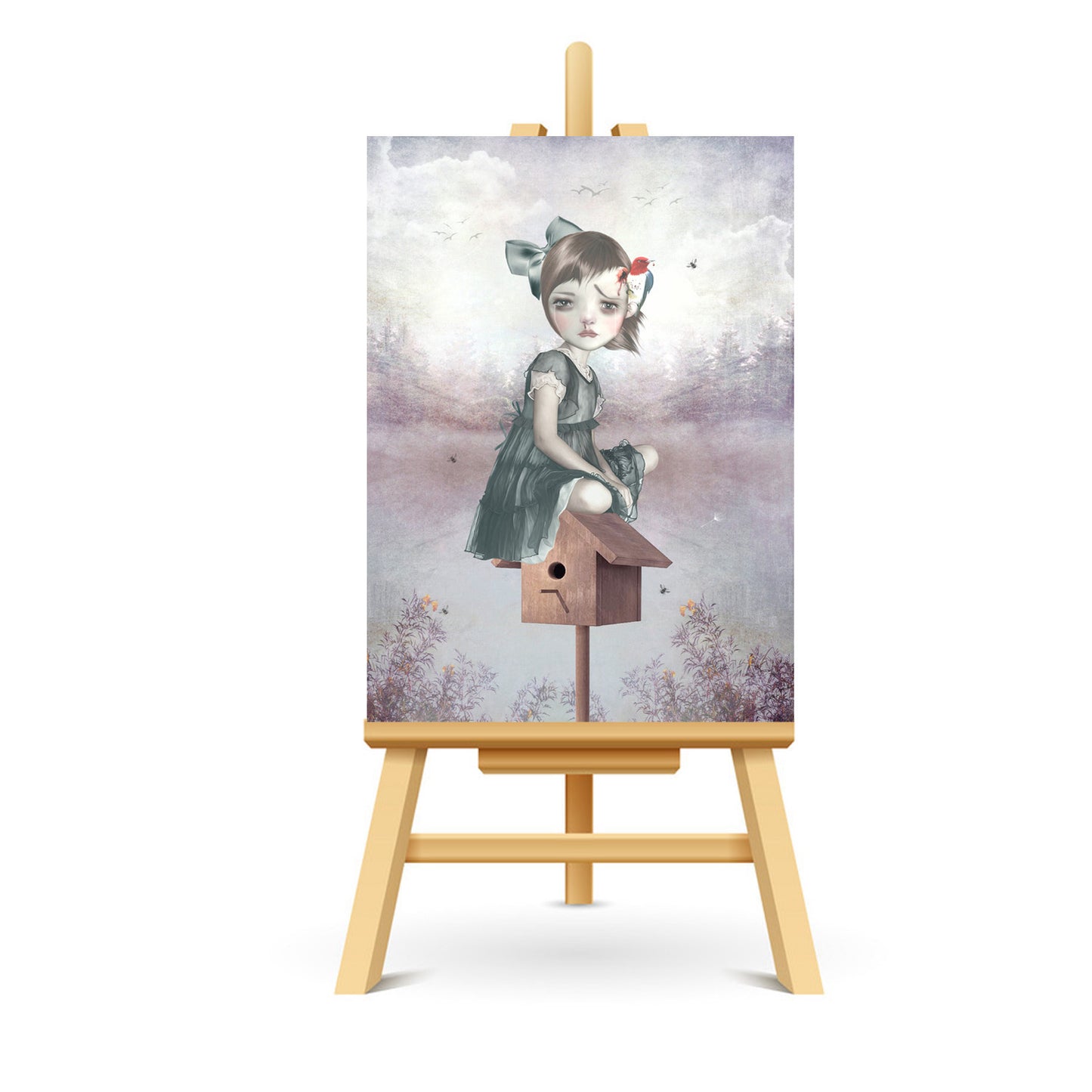 ACEO card featuring a surreal art print of a girl sitting on a birdhouse with a woodpecker pecking her head, displayed on a stand for an artistic showcase.