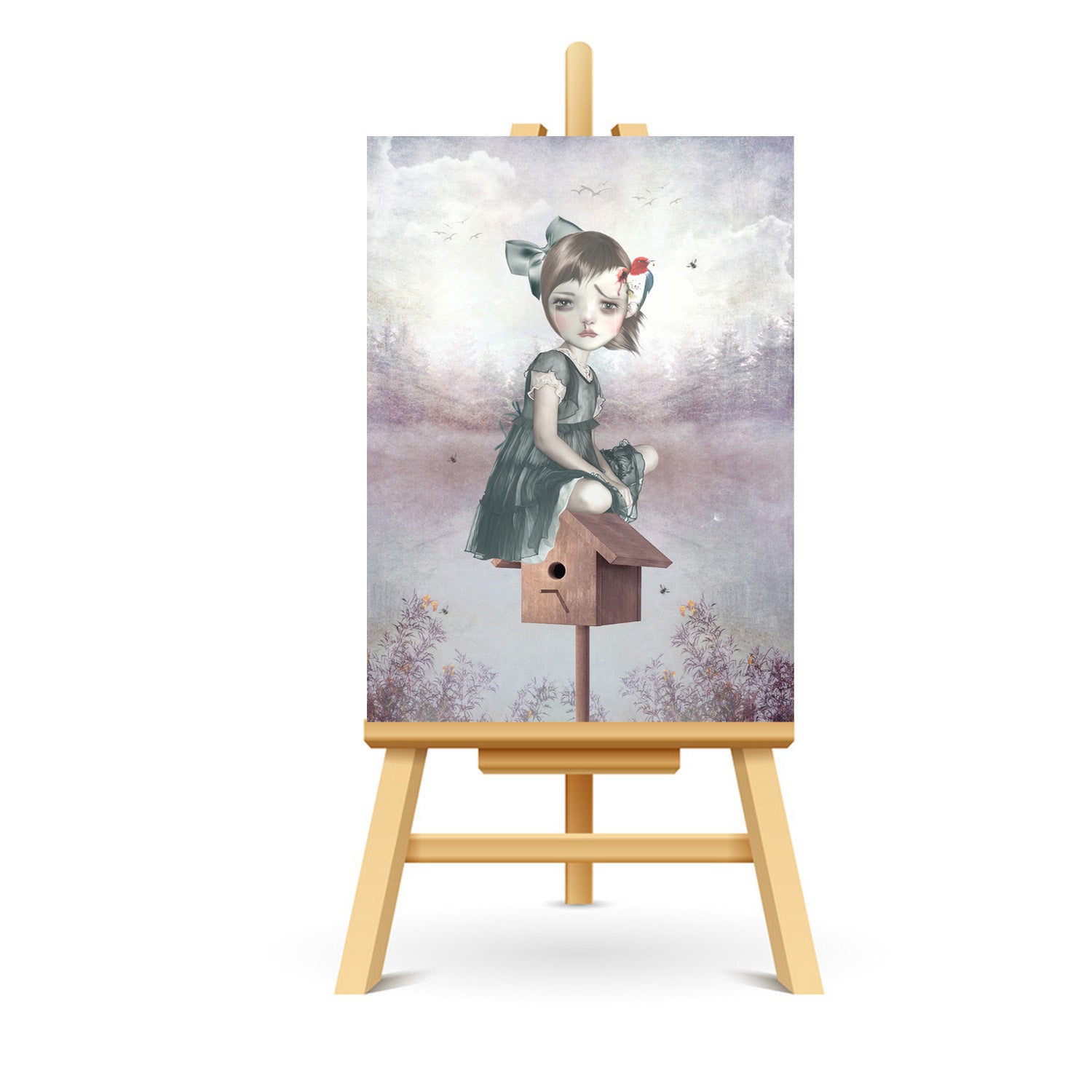 ACEO card featuring a surreal art print of a girl sitting on a birdhouse with a woodpecker pecking her head, displayed on a stand for an artistic showcase.