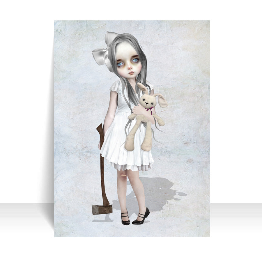 ACEO art card featuring a creepy big eyed girl with an axe, held in hand—creepy cute gothic art style with dark, whimsical elements.