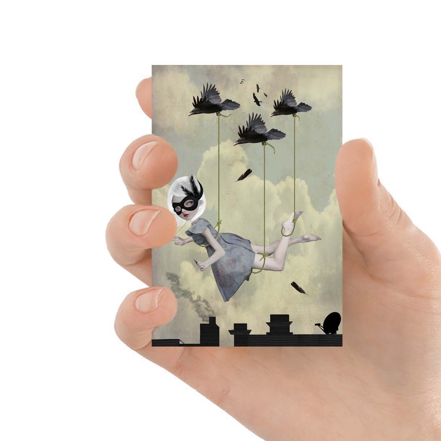 ACEO art card featuring a girl with birds, held in hand to showcase the miniature size and pop surrealism design.