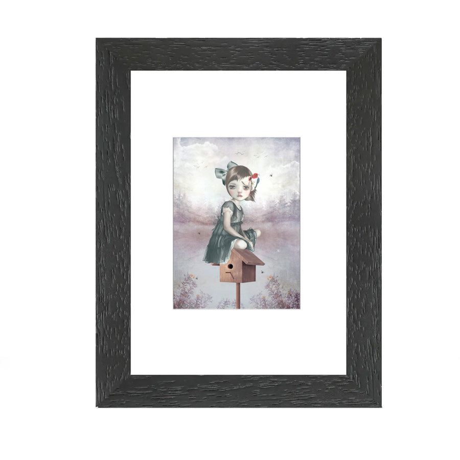 ACEO card featuring a surreal art print of a girl and woodpecker, displayed in a frame for a compact and charming piece of art.