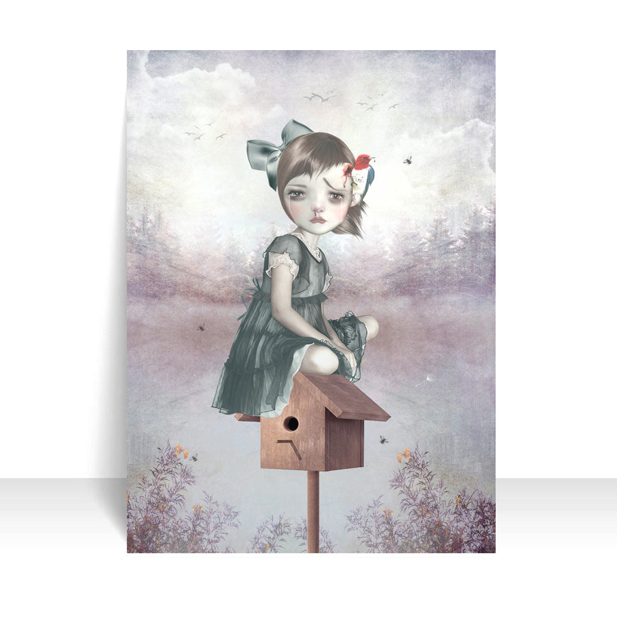 ACEO card on a white background featuring a girl sitting on a birdhouse with a woodpecker pecking her head.