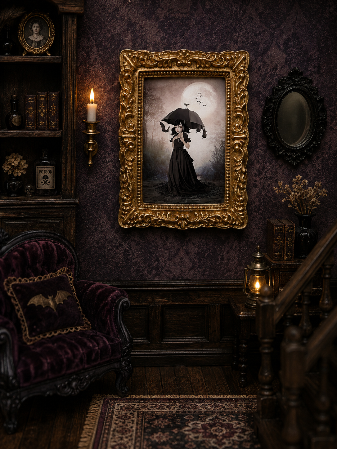 A framed gothic dollhouse art print depicting a woman in a black dress holding a black umbrella under a full moon, displayed on a dark purple patterned wall in a vintage-style room with a purple velvet armchair, wooden shelves, and a candle inside a dollhouse.