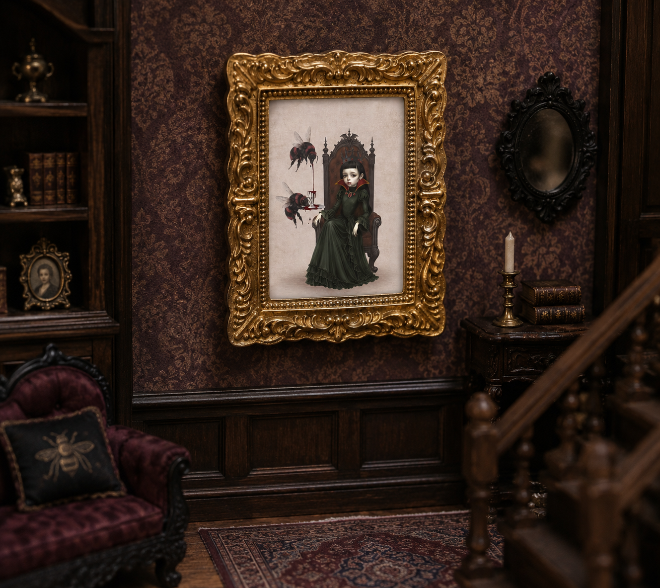 A framed gothic dollhouse art print depicting a vampire queen seated on a throne with bees, displayed on a dark patterned wallpaper wall in a detailed miniature room setting.