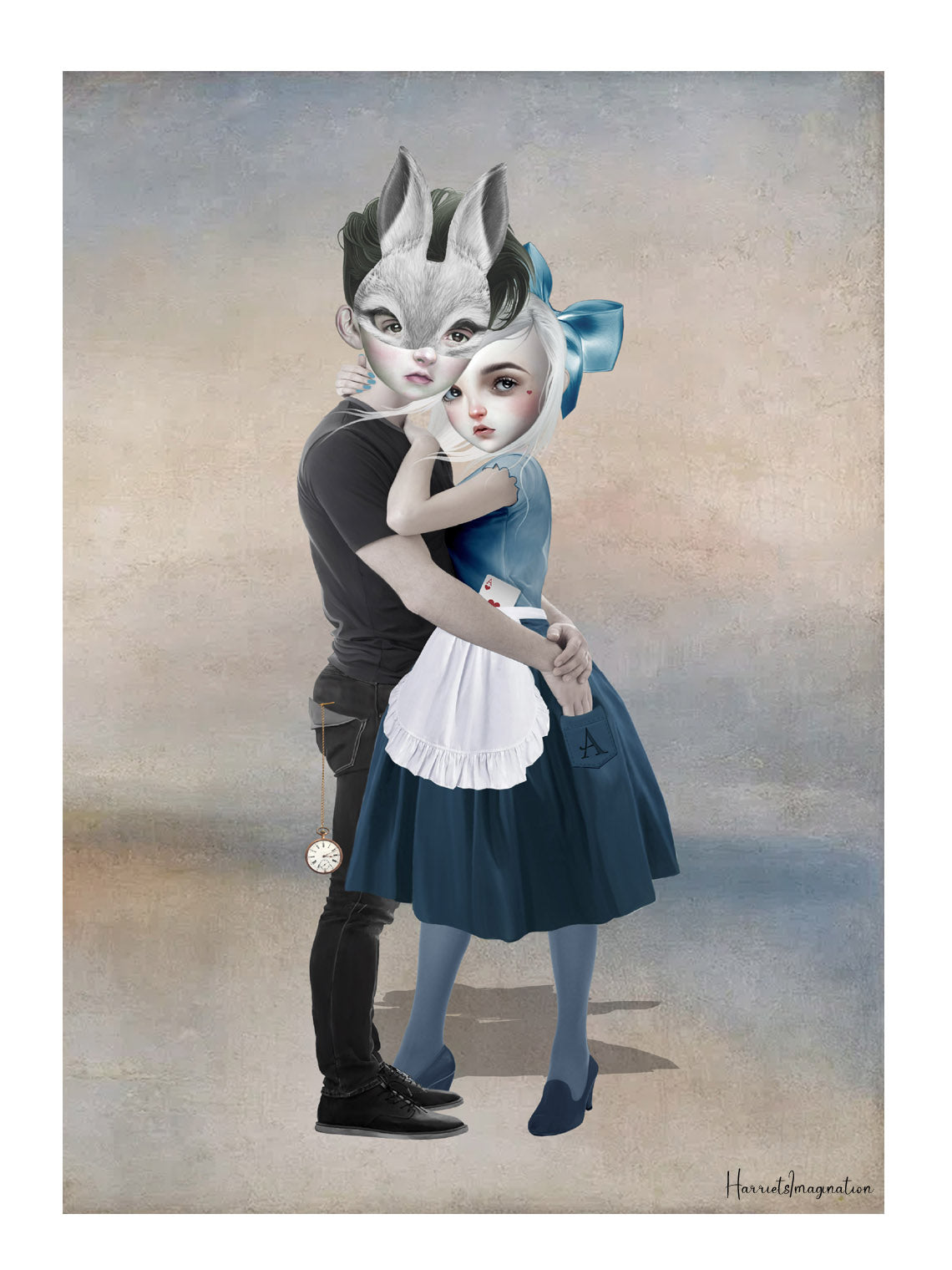 Illustration of Alice with her rabbit against a plain background