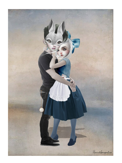Illustration of Alice with her rabbit against a plain background