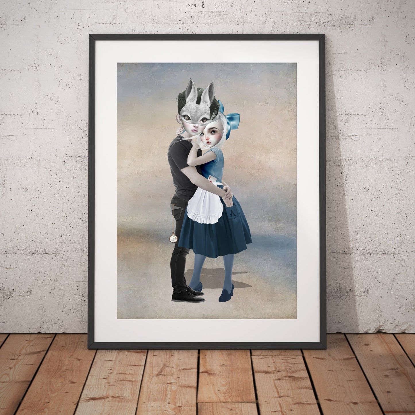 Alice And Rabbit art print in a black frame, standing against a white wall.
