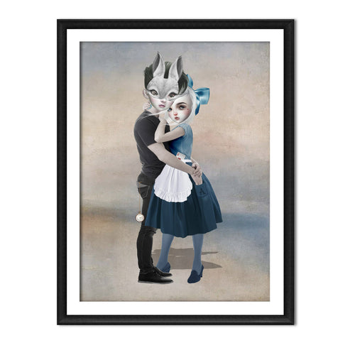 Framed artwork of a boy in a rabbit mask embracing a young girl with a white and blue dress.