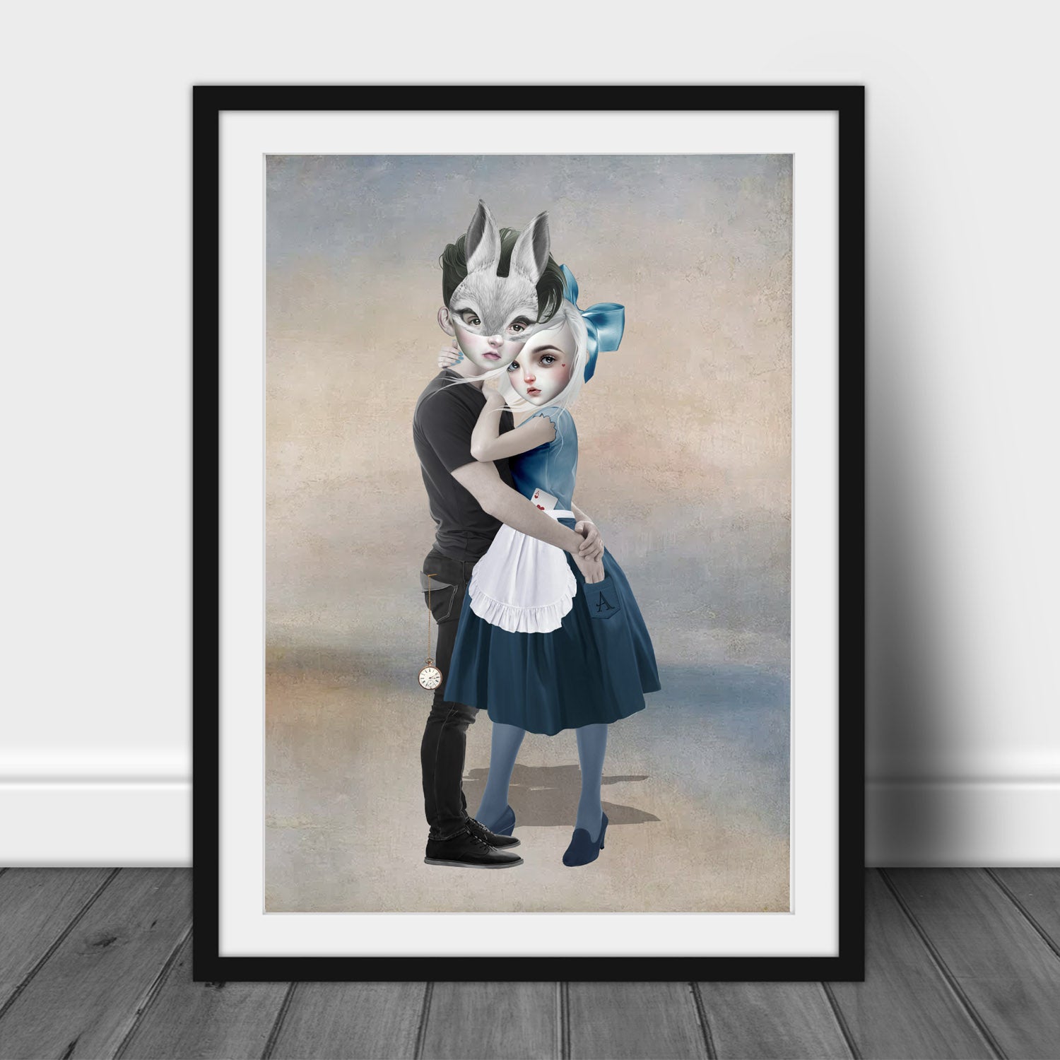 Framed artwork of a stylized illustration of two characters embracing on a neutral background.