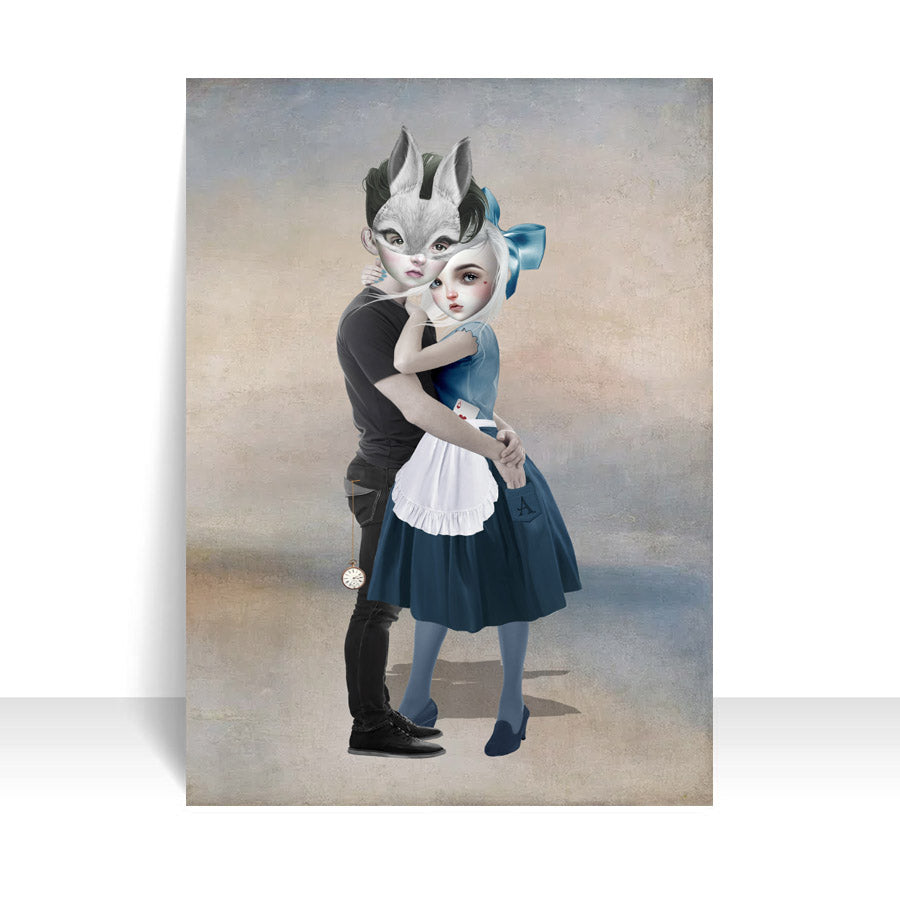 Close-up of Alice And Rabbit Boy ACEO art card against a white background, highlighting its intricate Fairy tale details.