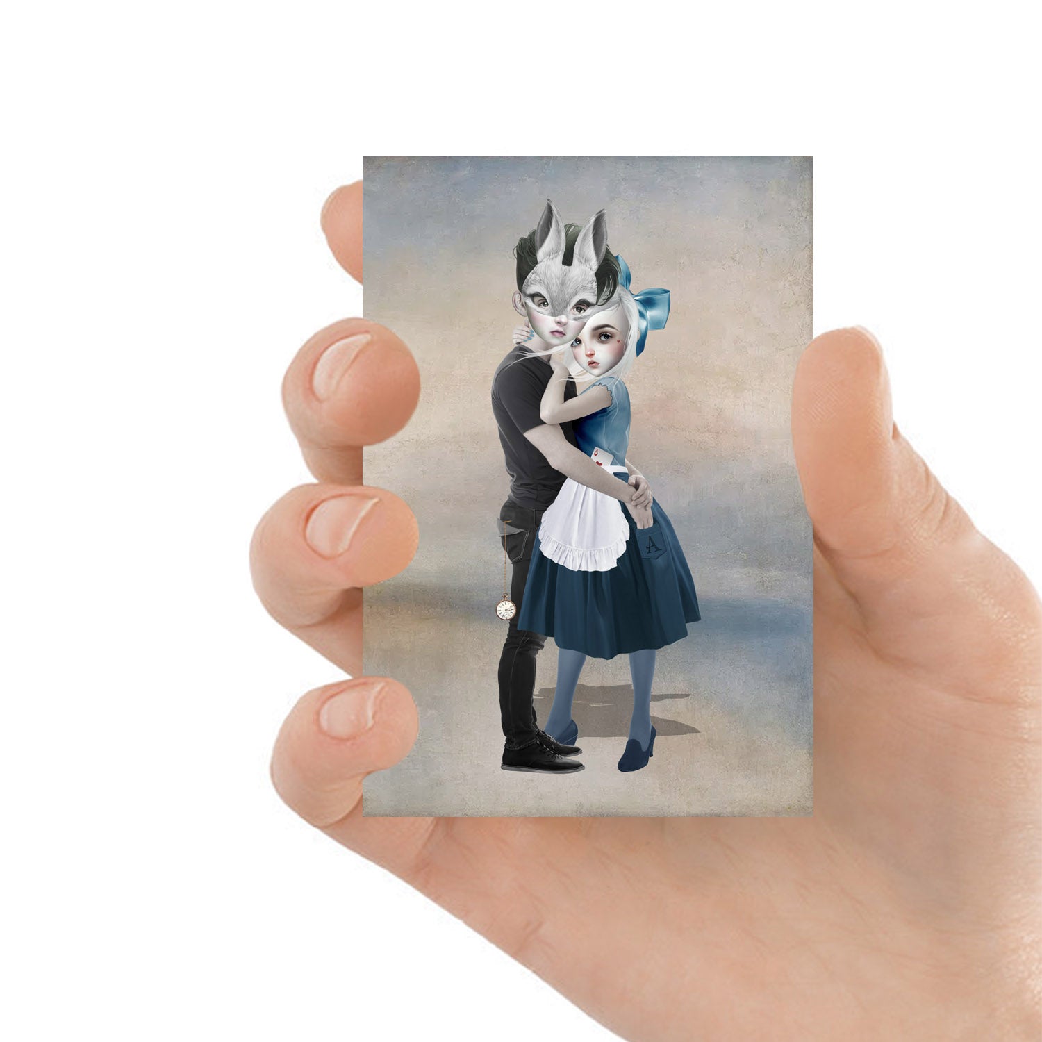 ACEO art card featuring Alice And Rabbit Boy, held in hand to showcase the miniature size and cute design.