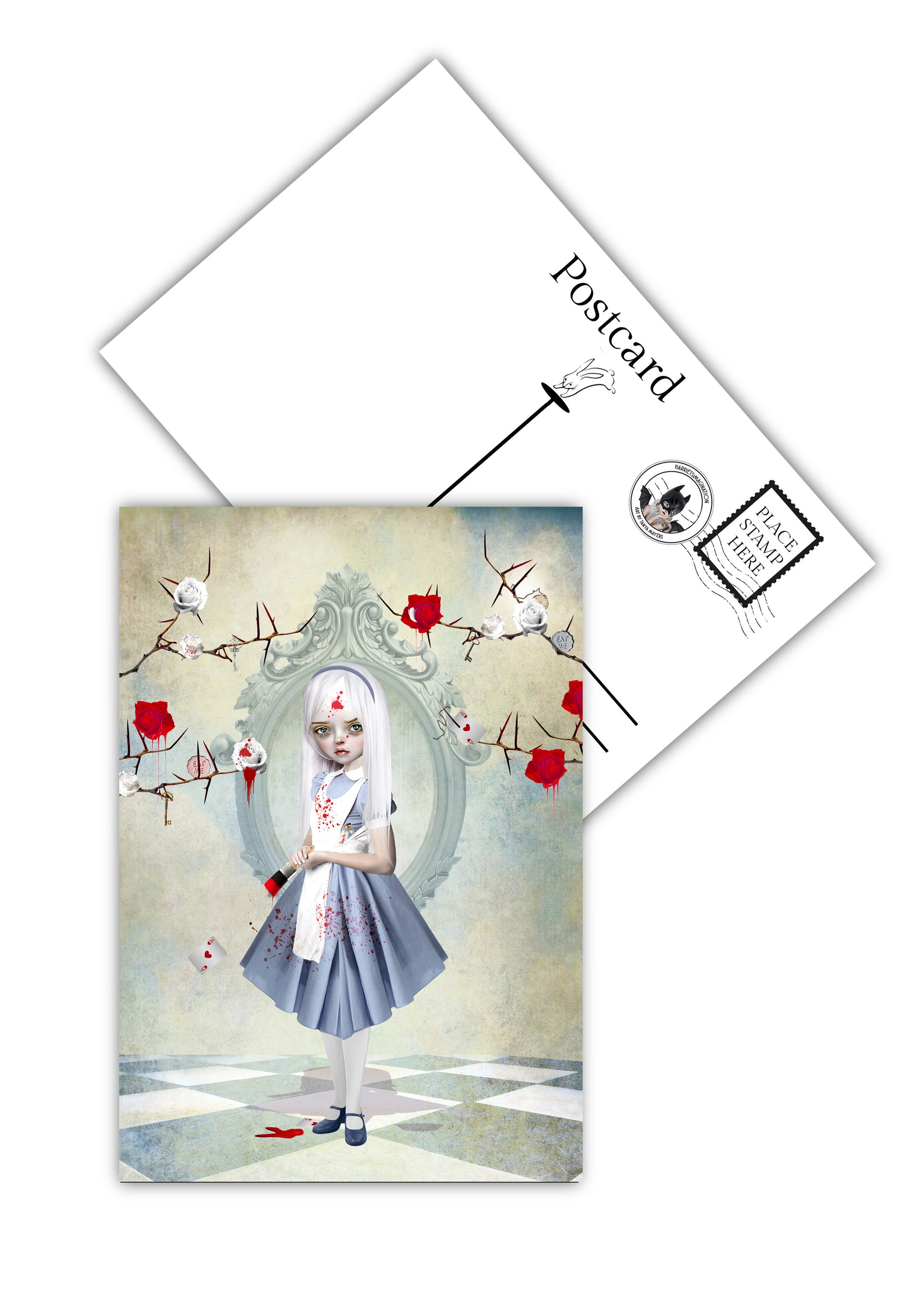 Alice with roses in Wonderland postcard showing front whimsical fairy tale design and matte back for writing messages