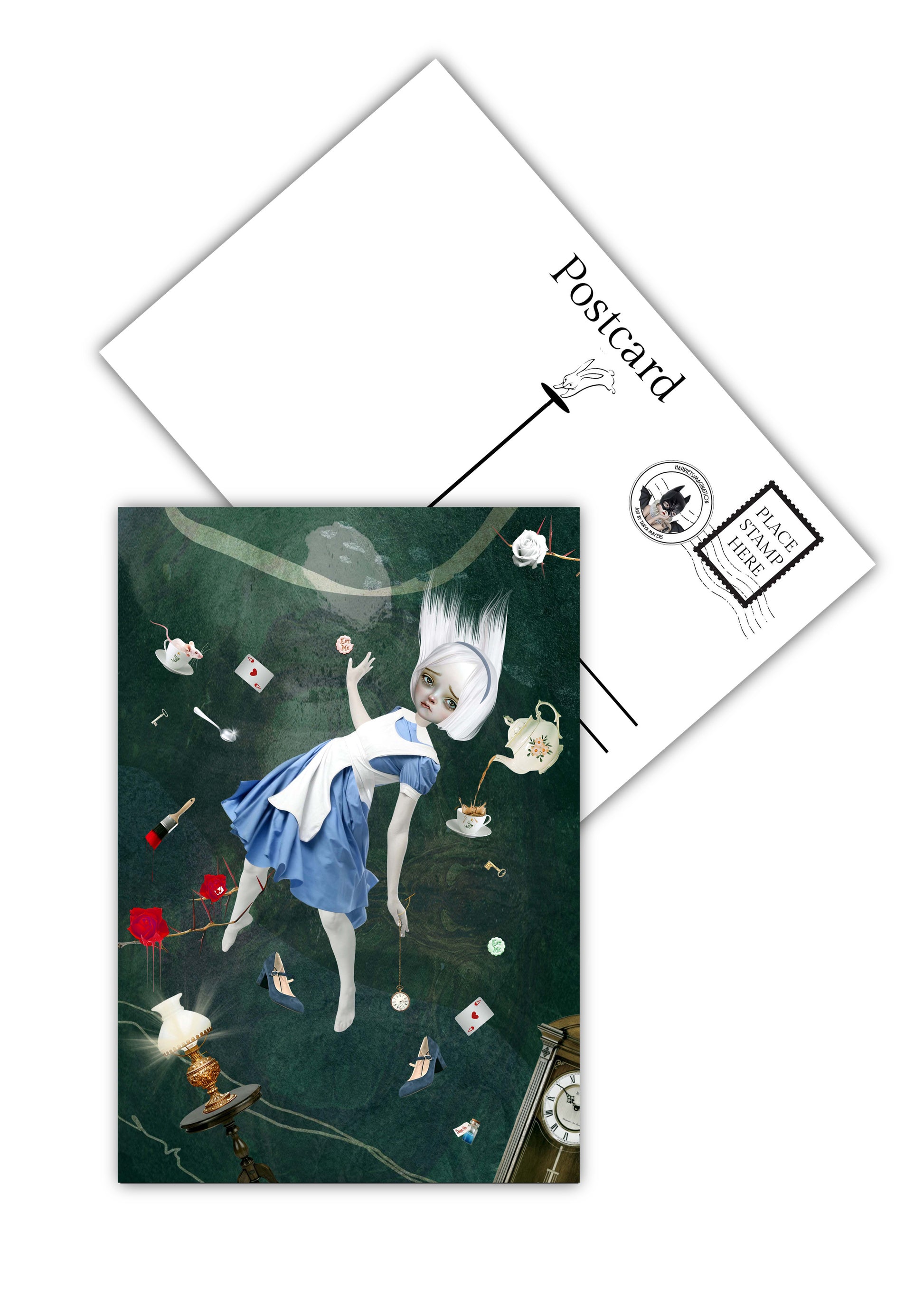 Front and back view of Alice in Wonderland Postcard, showing the whimsical illustration on the front and the classic postcard layout on the back.