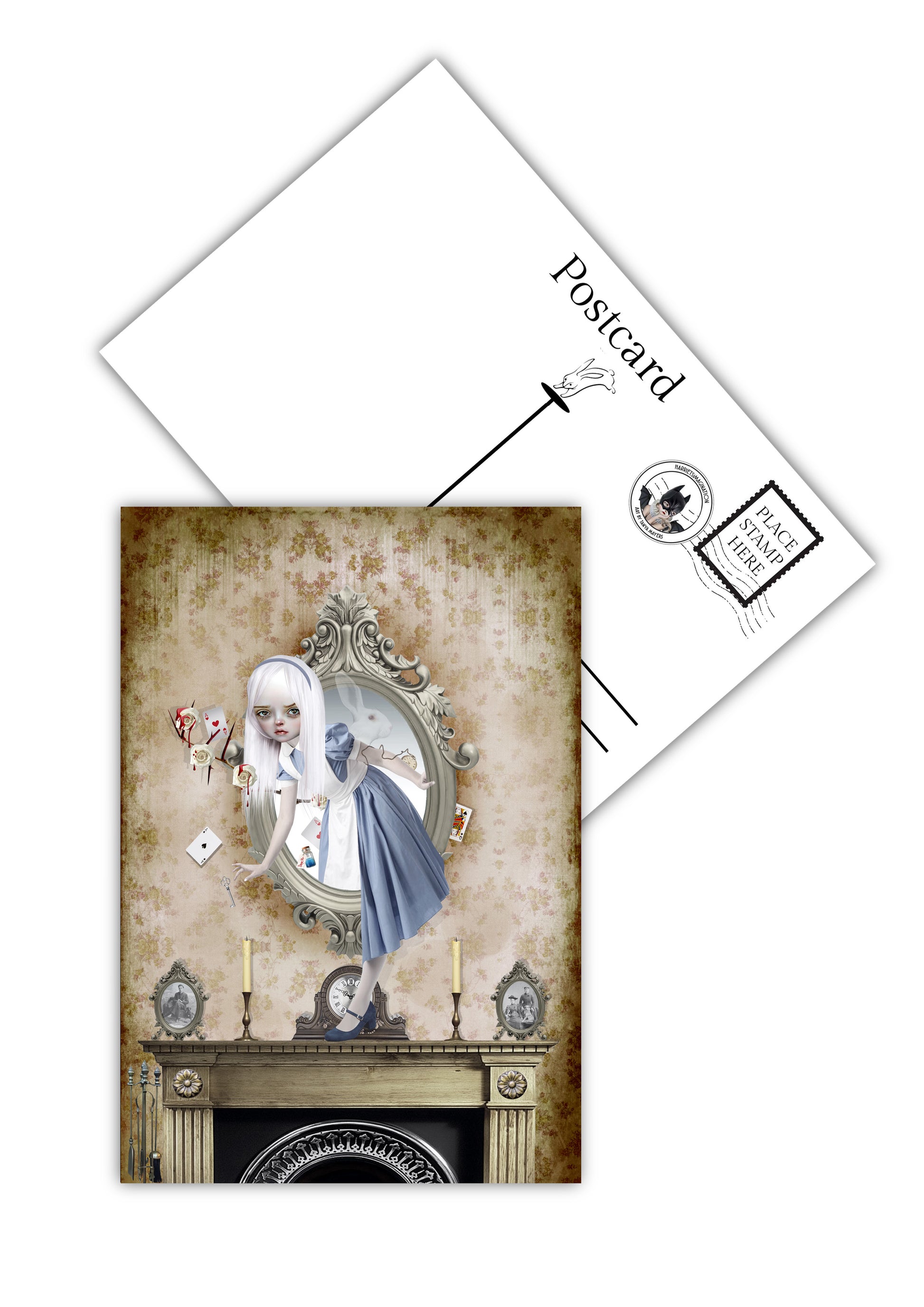 Alice through the looking glass postcard showing front whimsical fairy tale design and matte back for writing messages