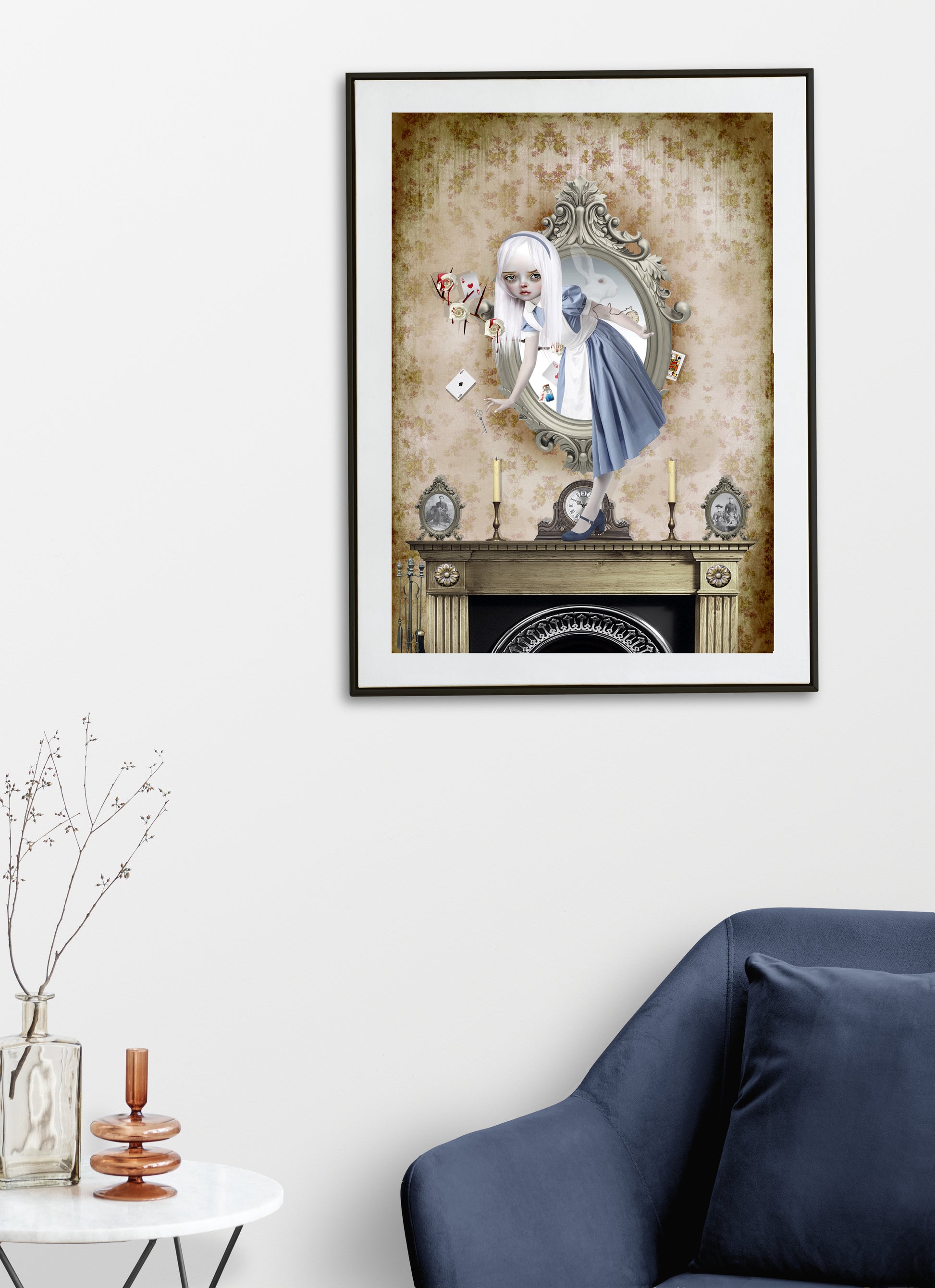Fairytale art print beautifully captures the enchanting world of Alice in Wonderland, as she steps through the looking glass and into her living room. 