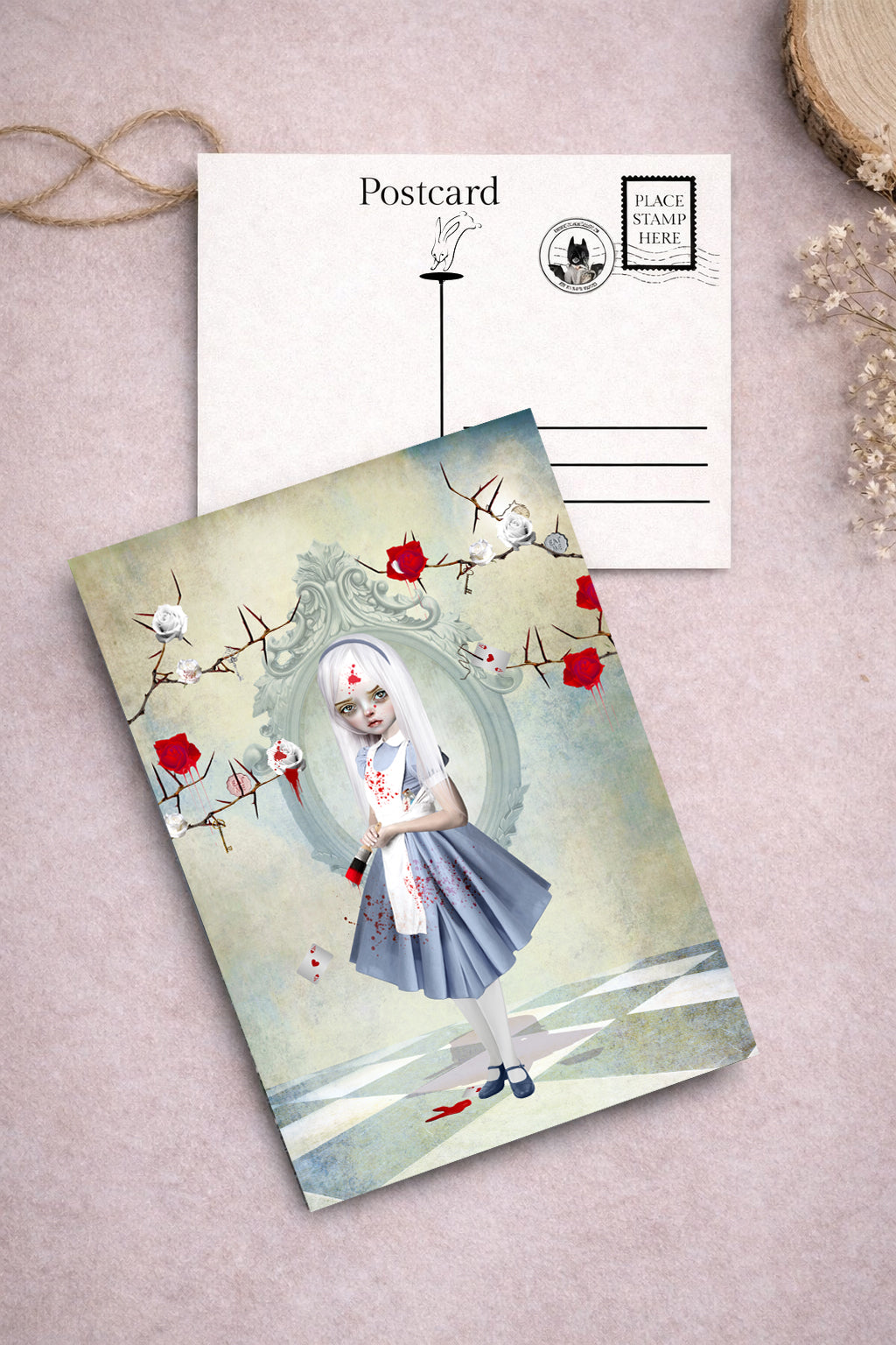 Alice and queens roses art postcard from Alice in Wonderland art postcard set