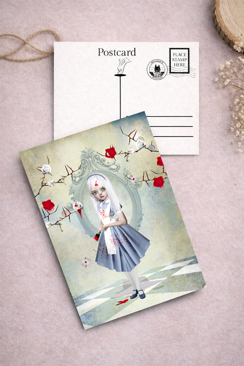 Alice and queens roses art postcard from Alice in Wonderland art postcard set
