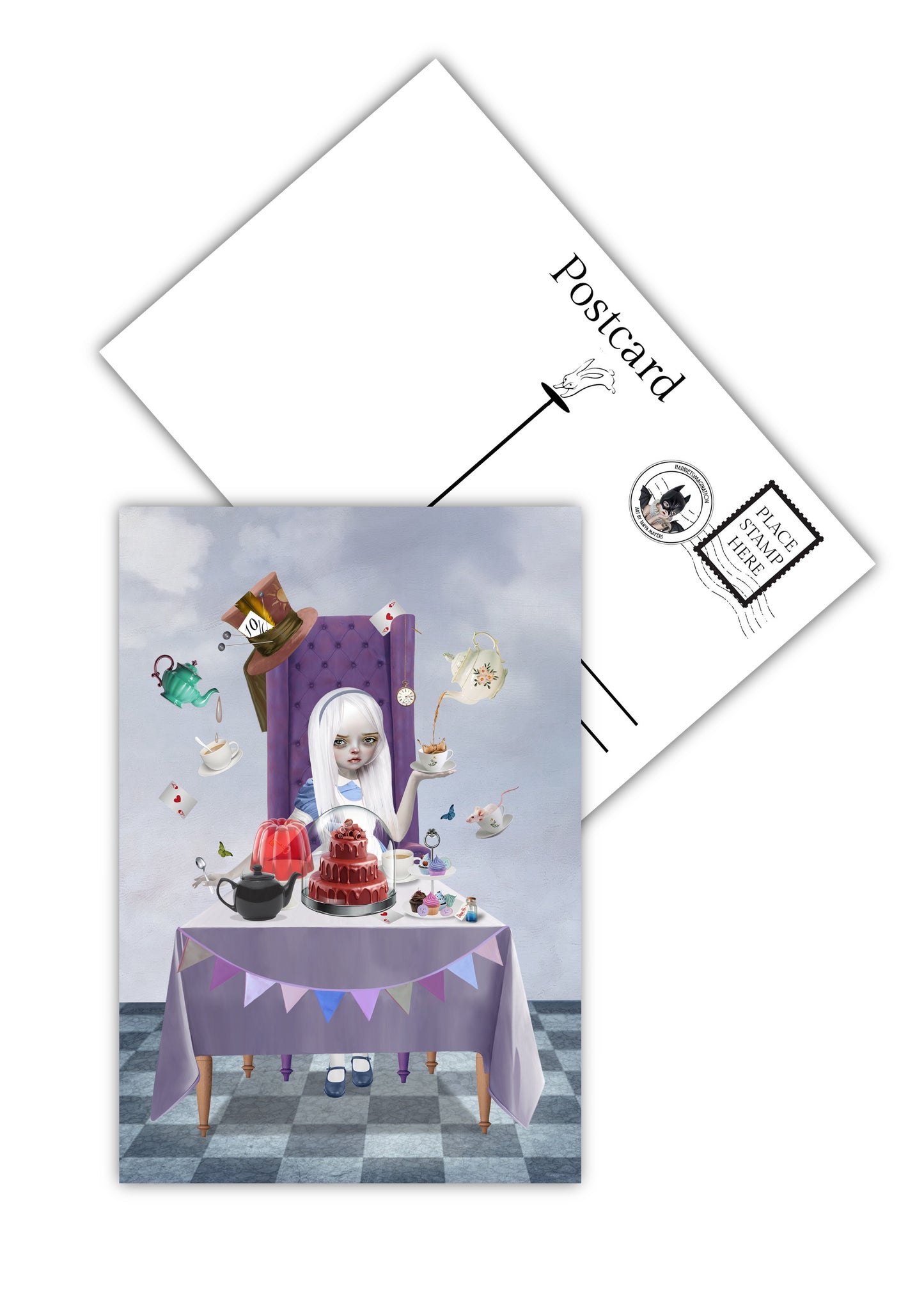 Front and back view of Alice in Wonderland Postcard, showing the whimsical illustration on the front and the classic postcard layout on the back.