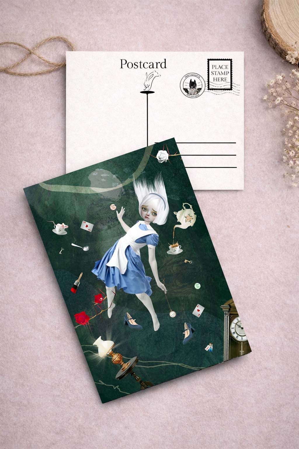 Alice down the rabbit hole art postcard from Alice in Wonderland art postcard set