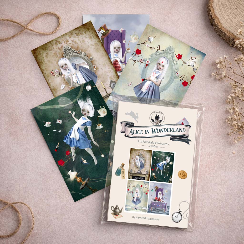 Alice in Wonderland art postcard set featuring 4  Wonderland themed postcards.