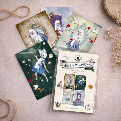 Alice in Wonderland art postcard set featuring 4  Wonderland themed postcards.