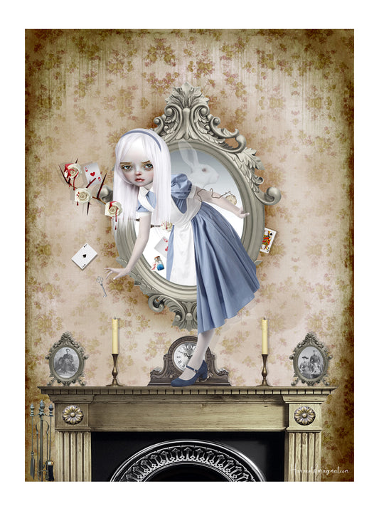 Fairy tale art print beautifully captures the enchanting world of Alice in Wonderland, as she steps through the looking glass and into her living room. 