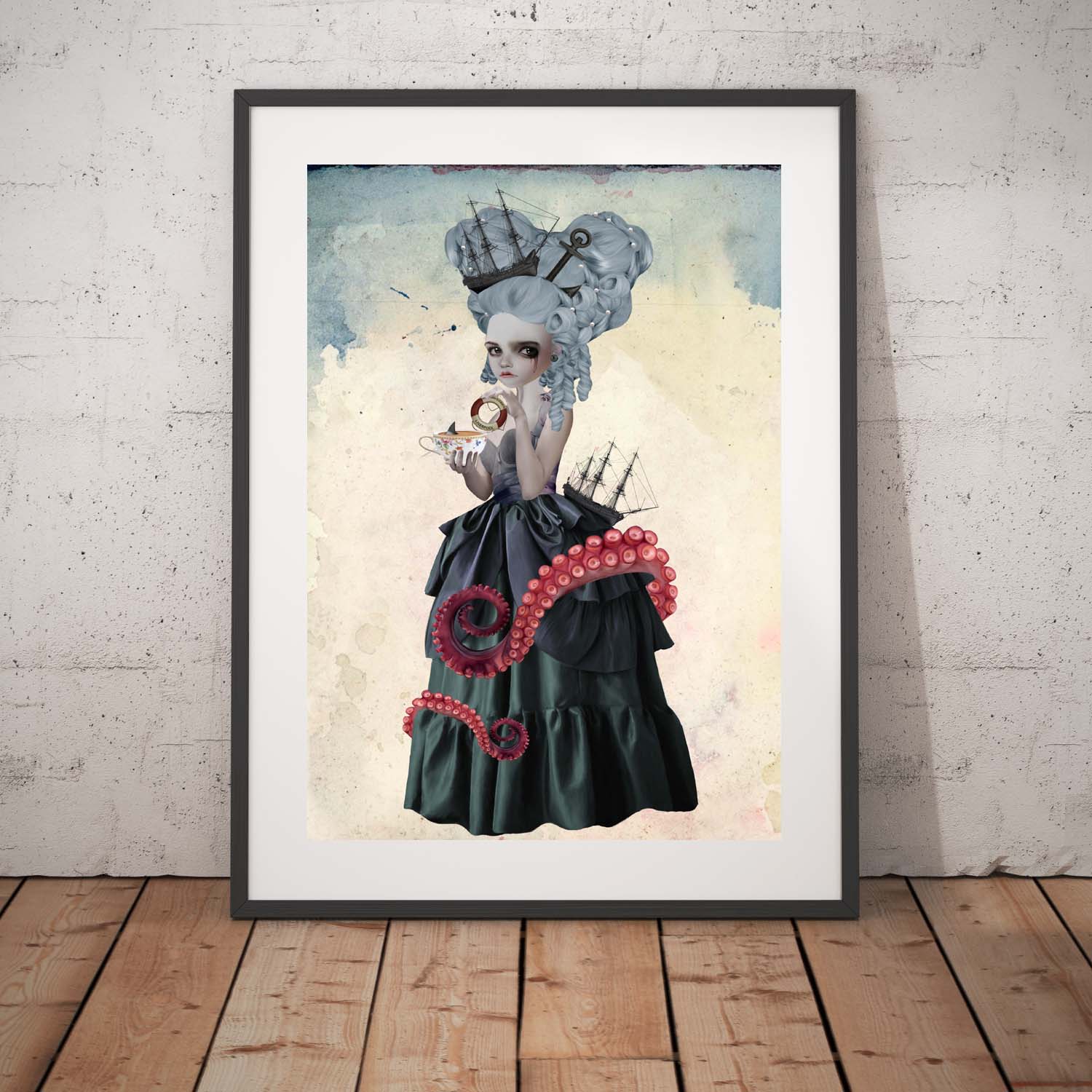 Goddess of the sea art print is of Amphitrite adorned with swirling tentacles and dipping a buoy ring into a teacup.