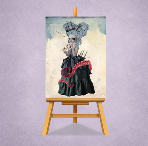 Artistic depiction features Amphitrite, a sea goddess portrait with octopus tentacles and a tall ship on an easel against a light purple background.
