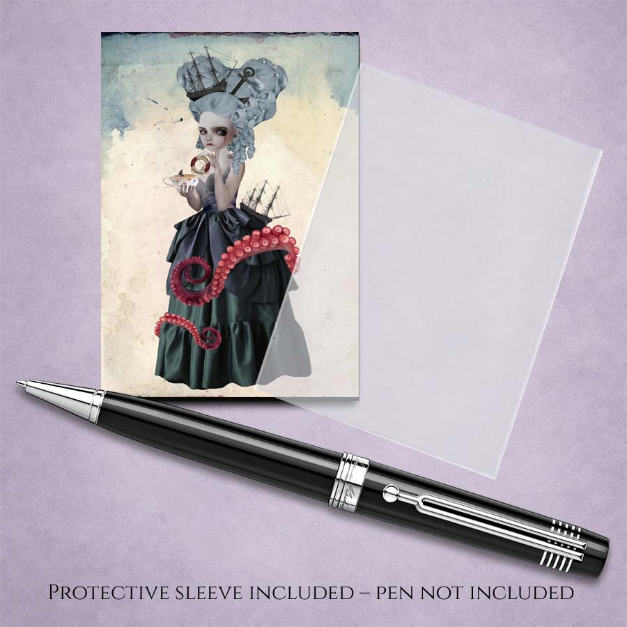 ACEO art card with a Amphitrite Sea Goddess, displayed with protective sleeve and pen