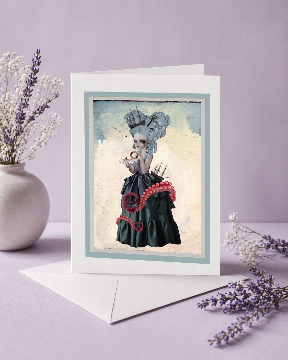 Greeting card with a nautical fantasy illustration of Amphitrite the sea goddess.
