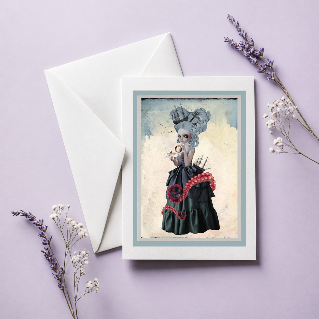 Greeting card with a fantasy nautical illustration of the sea goddess Amphitrite on a light purple background. Comes with white envelope.