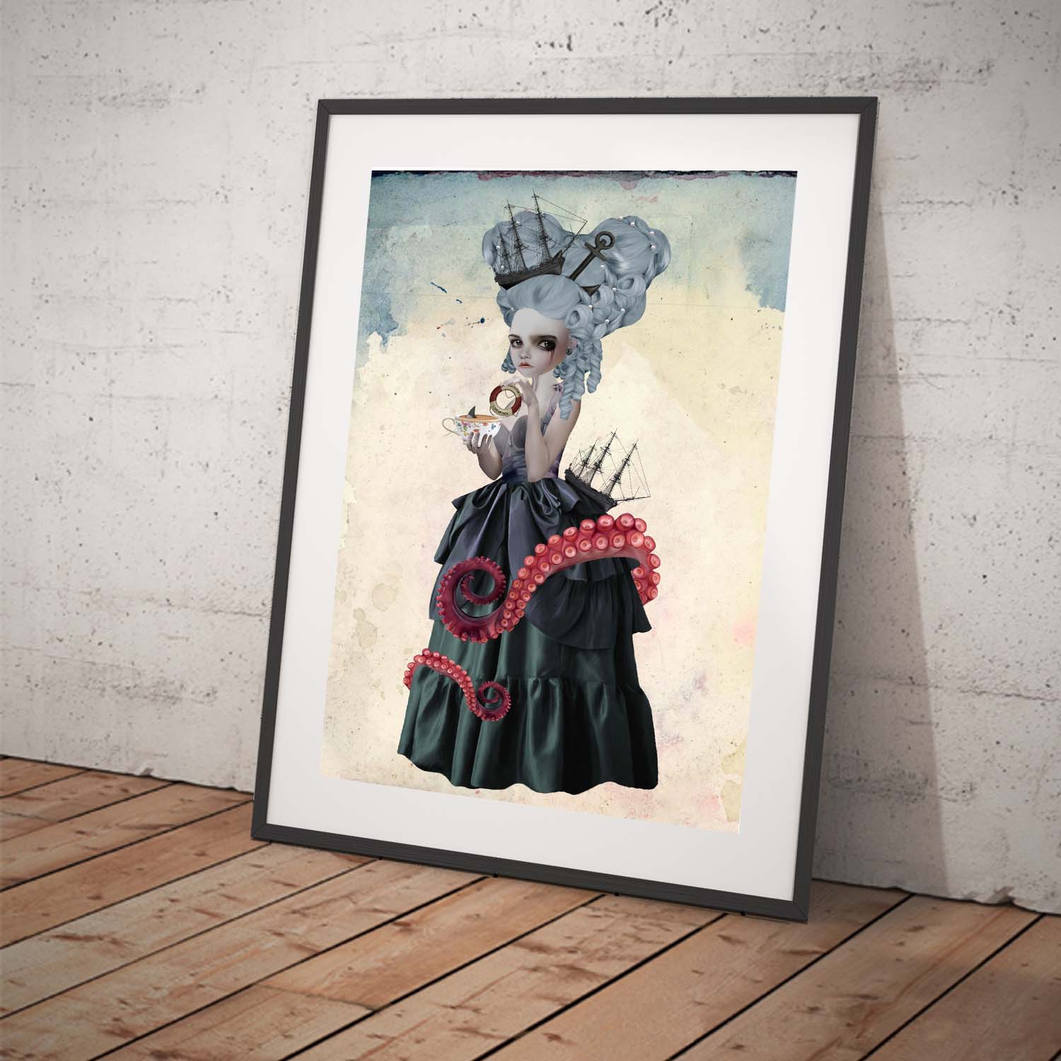 Nautical fantasy art print is of Amphitrite adorned with swirling tentacles and dipping a buoy ring into a teacup.