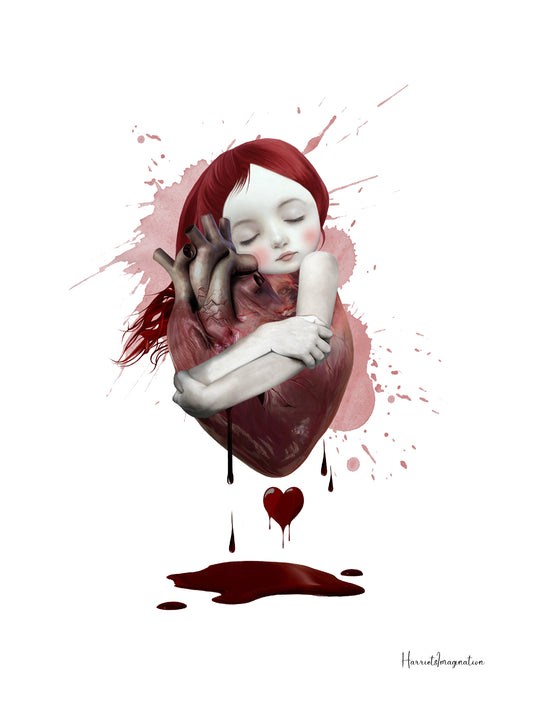 Contemporary Art Print featuring a young girl hugging an oversized, bloody anatomical heart.