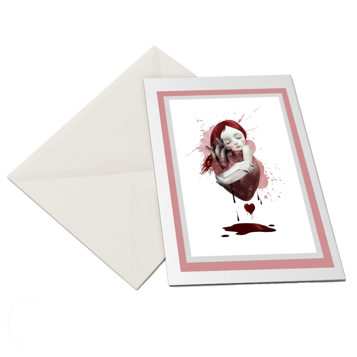 Macabre Greeting card features a whimsical yet striking illustration of a girl embracing an oversized human heart.