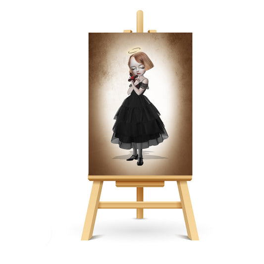 Angelic girl with crucifix ACEO art displayed on a stand. Spiritual miniature art print showcasing Surreal style.