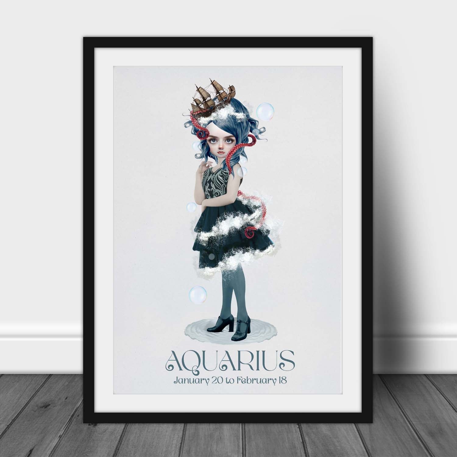 Star sign art print of a girl representing Aquarius, leaning against a wall, Astrological art with surreal elements