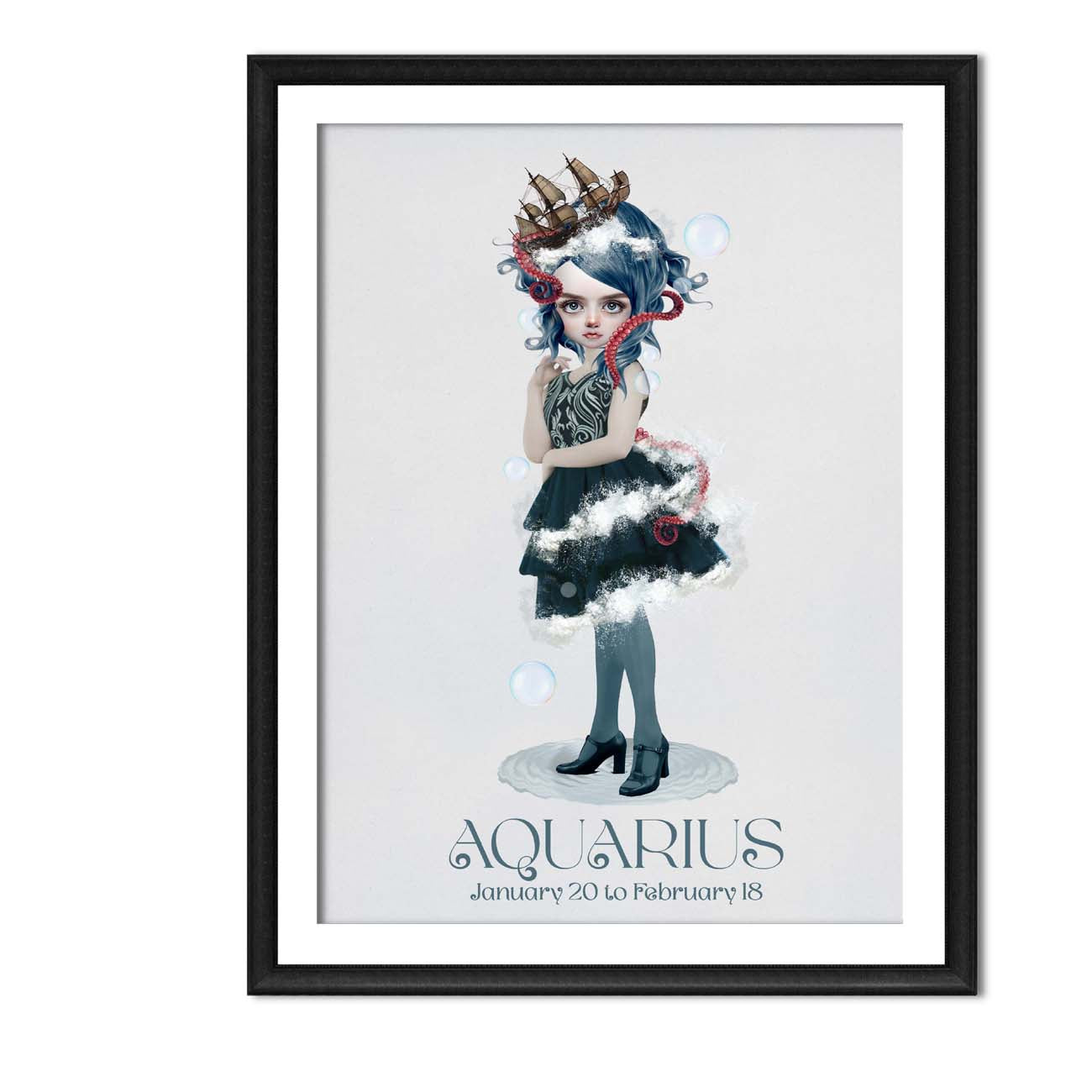 Aquarius girl art print in a sleek frame, set against a white background.