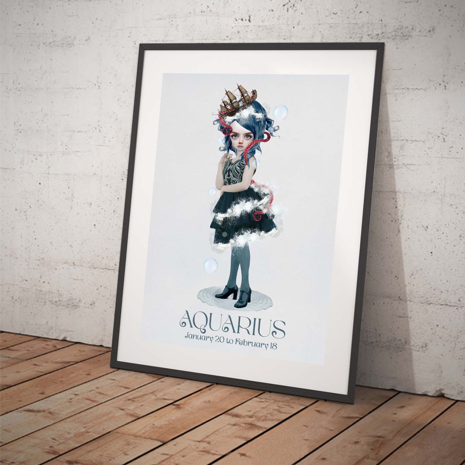 Star sign art print featuring a girl representing Aquarius. Displayed in a tilted frame for a stylish presentation. Perfect for astrological-themed decor.