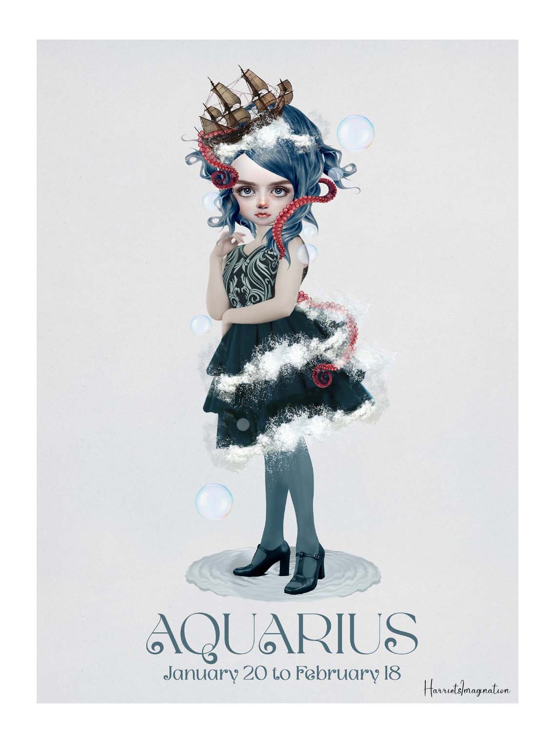 Star sign art print featuring a girl representing Aquarius, displayed without a frame.