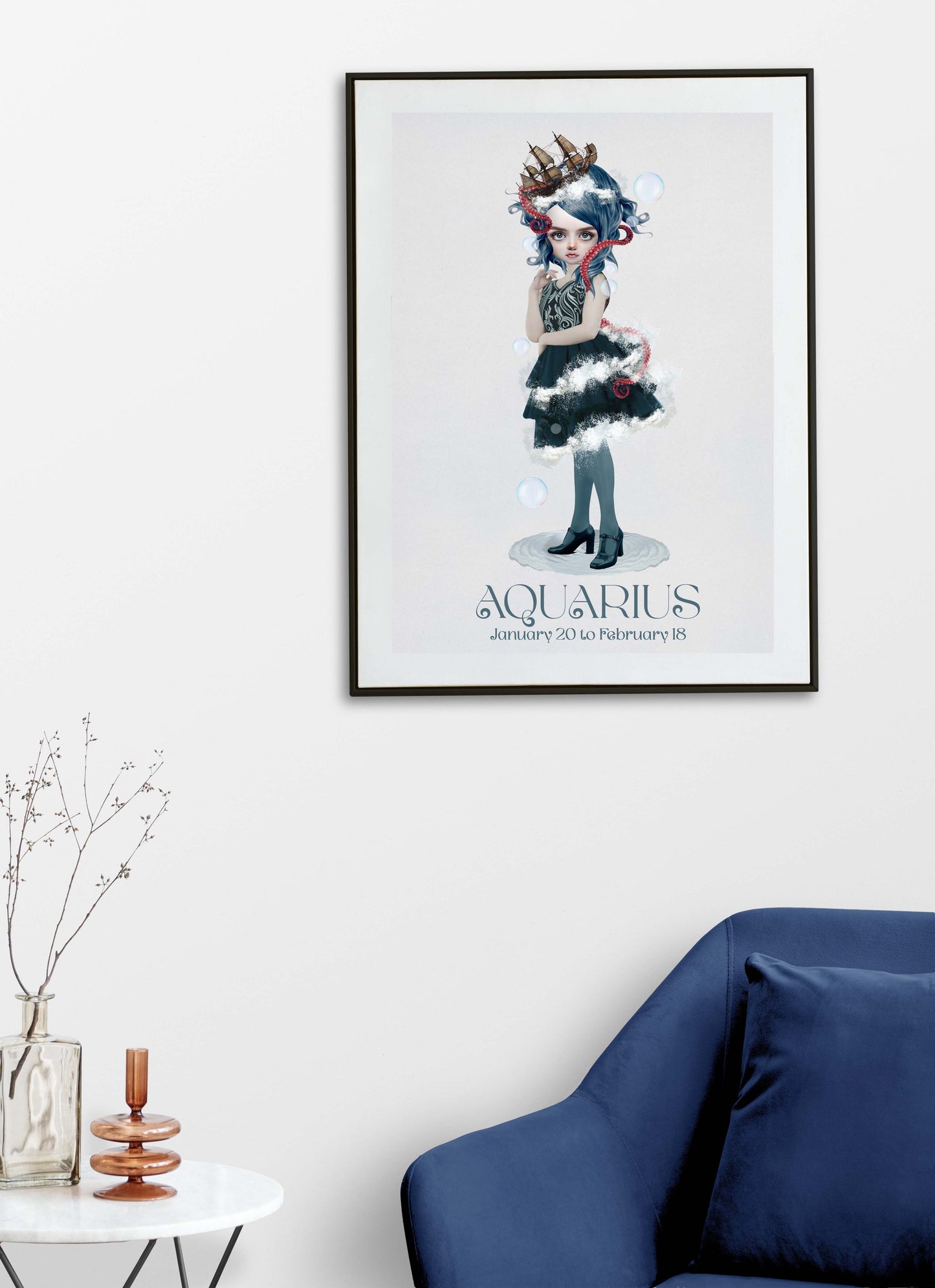 Star sign girl Aquarius art print hanging on the wall of a modern living room. Perfect for adding a whimsical touch to your home decor.