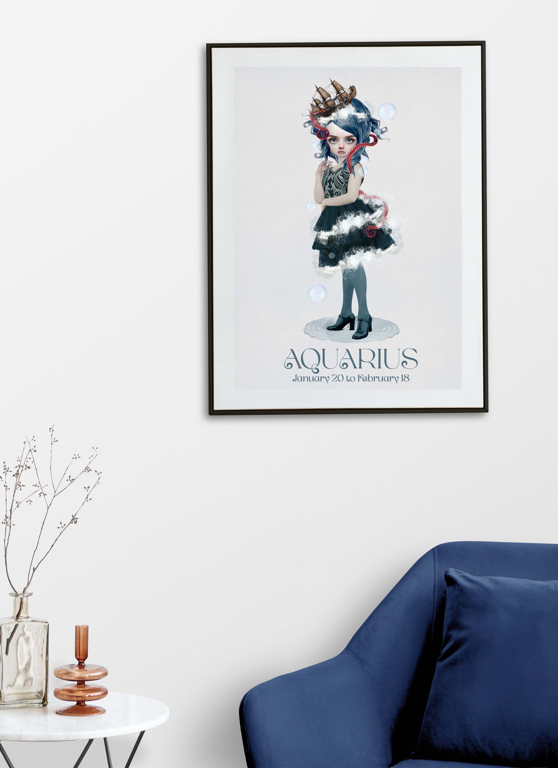 Star sign girl Aquarius art print hanging on the wall of a modern living room. Perfect for adding a whimsical touch to your home decor.