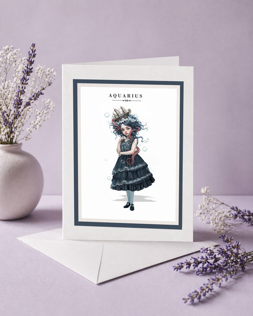 Aquarius zodiac birthday card featuring an illustration of a dark-haired maiden with wild wave hair topped with a miniature ship and an octopus tentacle around her shoulder.