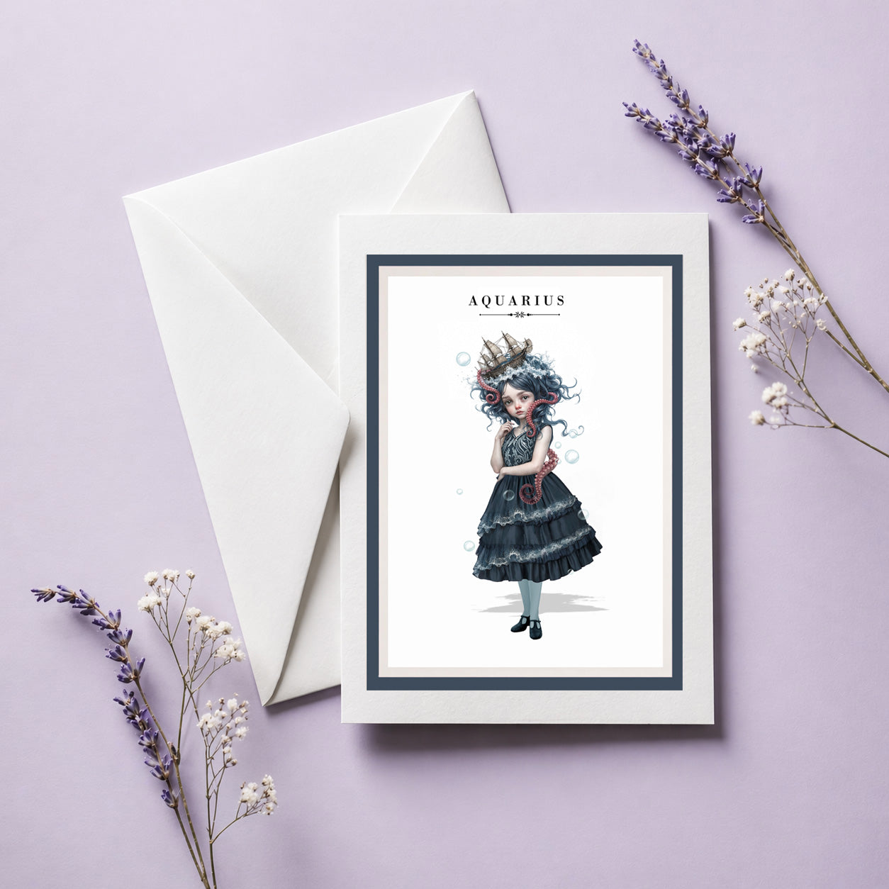 Aquarius zodiac birthday card and envelope featuring an illustration of a dark-haired maiden with wild wave hair topped with a miniature ship and an octopus tentacle around her shoulder.