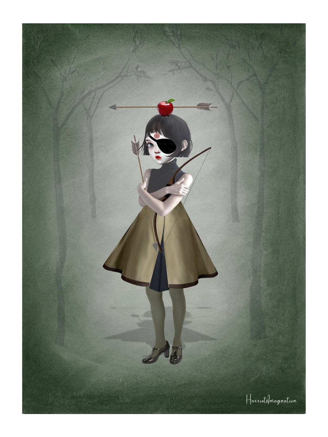 A pop surrealism art print featuring a archer girl and apple, displayed without a frame.
