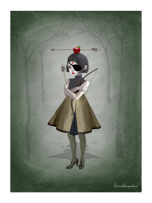 A pop surrealism art print featuring a archer girl and apple, displayed without a frame.